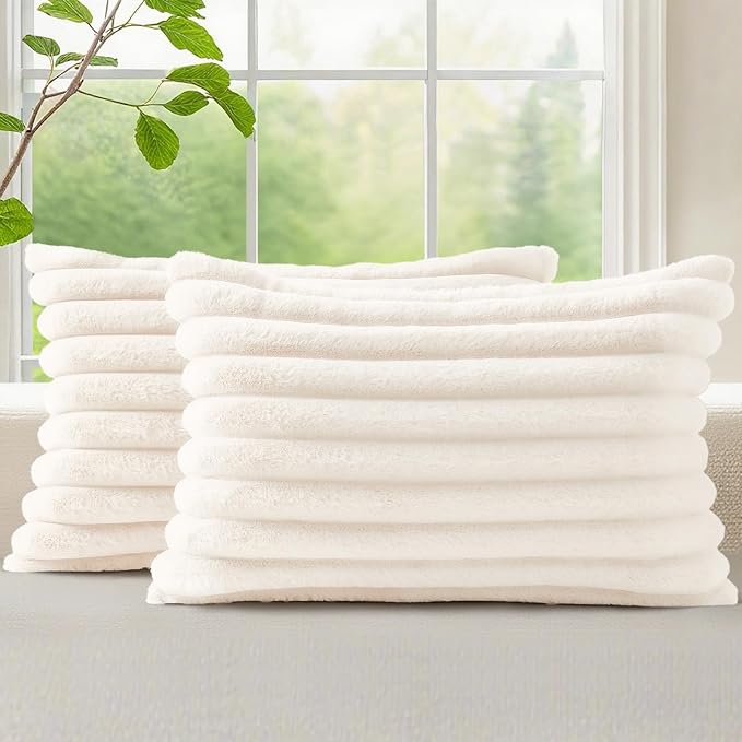 decorUhome Fall Cozy Faux Fur Throw Pillow Covers 12x20 Set of 2 Decorative Soft Plush Striped Lumbar Modern Farmhouse Boho Couch Pillow Cases with Velvet Back for Sofa Bed Living Room, Cream White