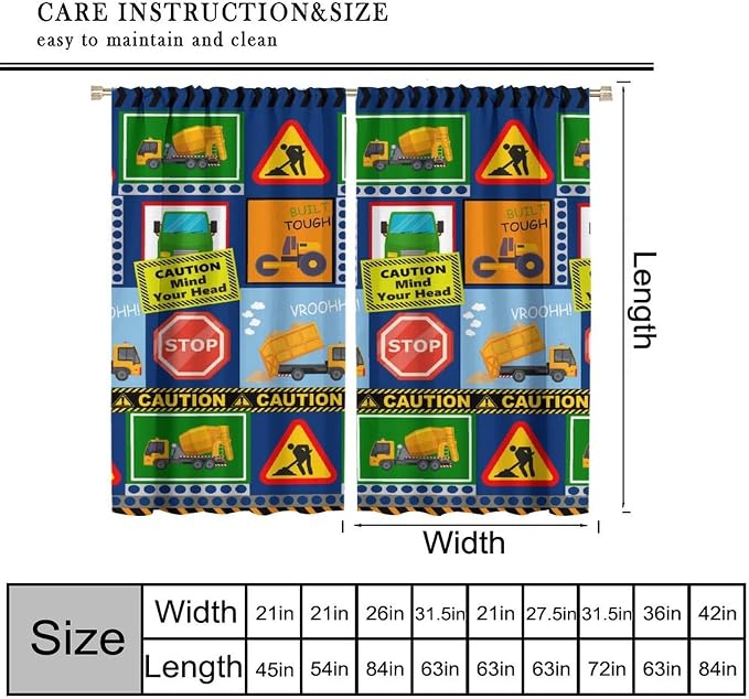 Kids Construction Blackout Curtain,Equipment Trucks Cartoon Car Vehicles Green Plaid Window Curtains Dining Room Living Room Kitchen Cafe Bedroom Office Nursery Drapes,42x45 in