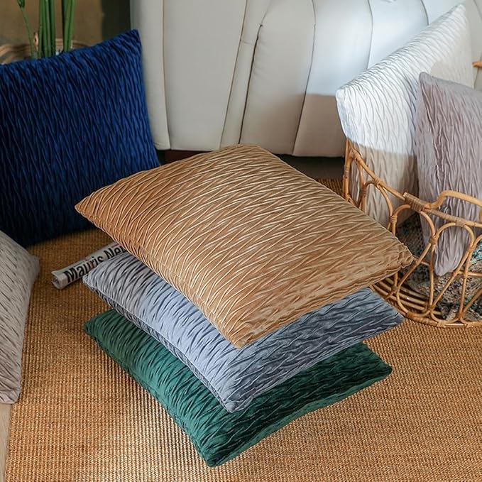 18x18 Inch Soft Velvet Throw Pillow Covers Set of 2 Soft Decorative Cushion Cases with Texture for Sofa Couch Bed Living Room (Camel)