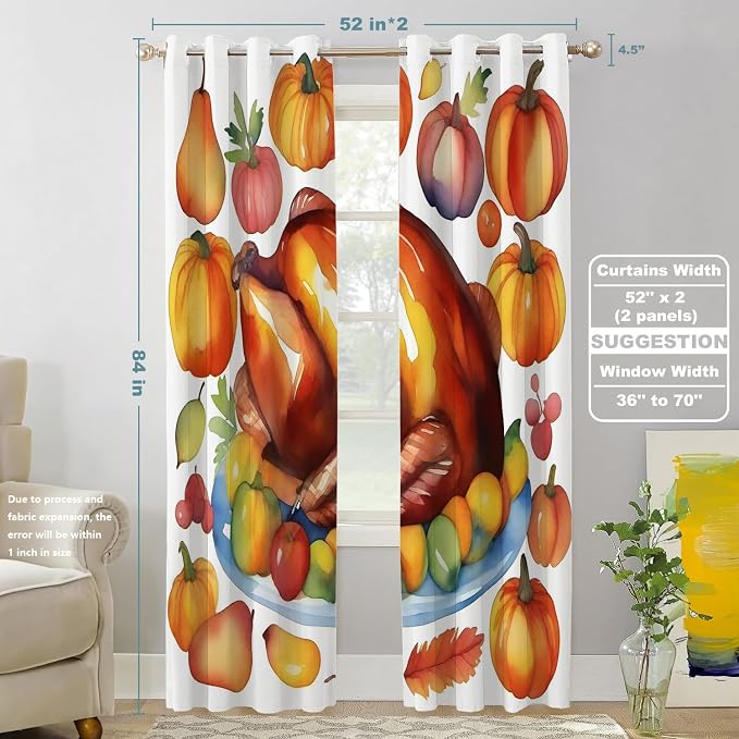 Shrahala Turkey Pumpkin Thanksgiving Thermal Insulated Blackout Window Curtains, Watercolor Fruits Delicious Food Pears Long Drapes for Bedroom/Living Room with Plastic Grommet, 52X84 Set of 2