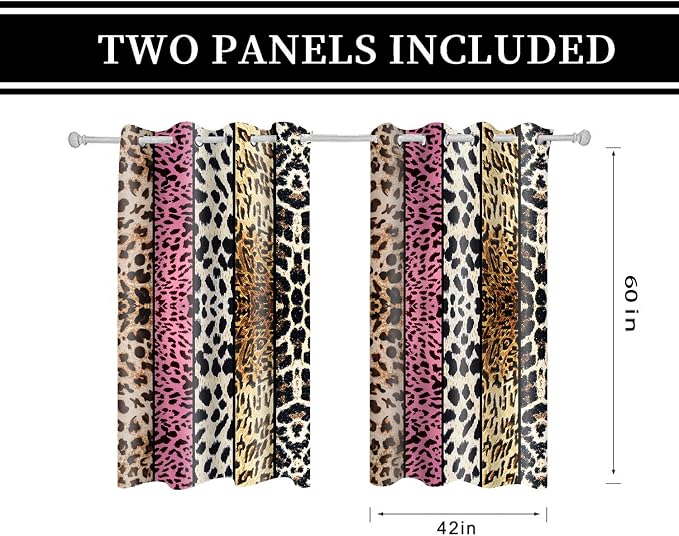 Wild Animal Print Curtain, Room Darkening Thermal Insulated Blackout Leopard Boa Window Drapes with Grommets for Living, Dining, Bedroom, Pink Leopard Print, 42"x 60", 2 Panels