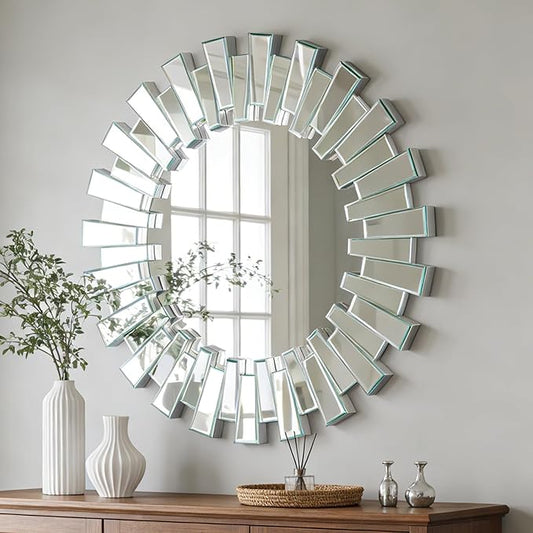 Round Mirror for Wall - 26" Sunburst Starburst Sun Decorative Mirrors for Wall Decor with 3D Beveled Glass Frame Silver, Modern Art Accent for Living Room, Bedroom, Fireplace, Entryway