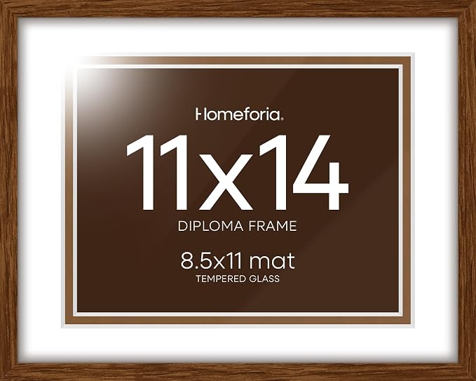 Homeforia 11x14 Diploma Frame Brown Wood, High End Dark Oak 11 x 14 Certificate Frames with Mat 8.5x11, 14x11 Document Matted Frame, Walnut Wooden Graduation Frames, Tempered Glass, Wall Kit, Set of 1