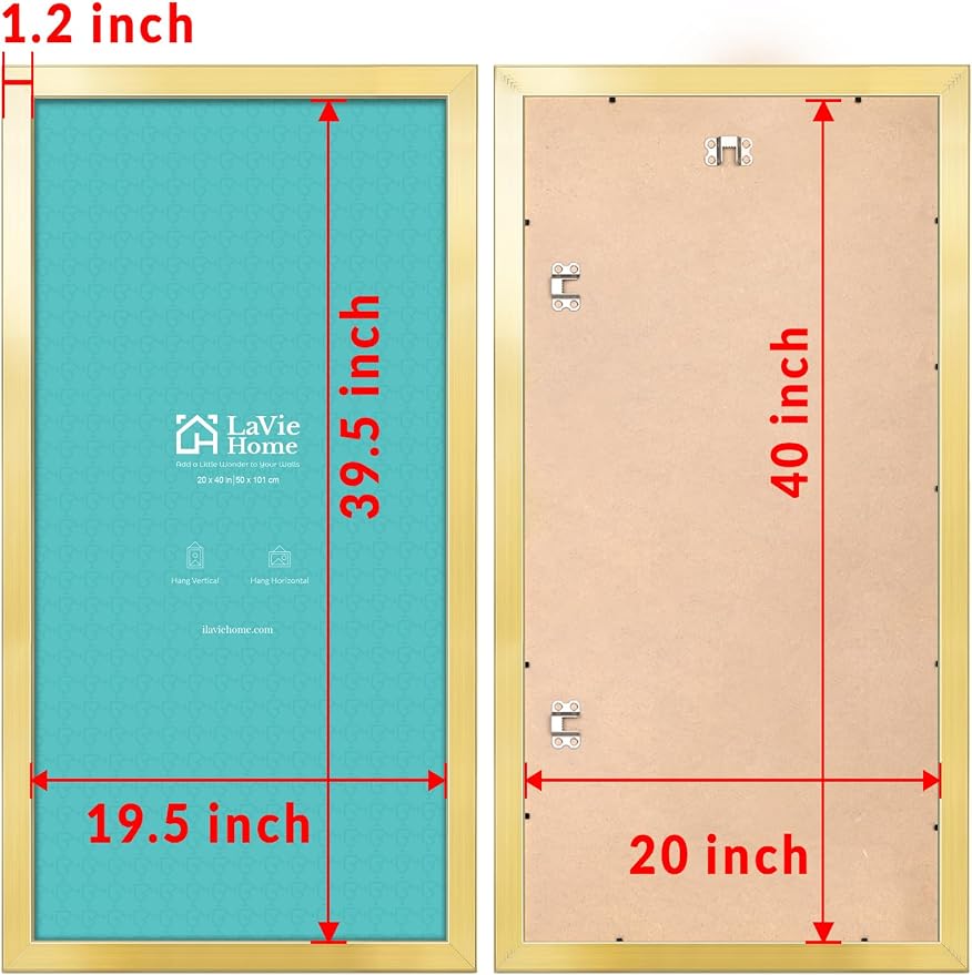 LaVie Home 20 x 40 Poster Frame Gold, Display Pictures 20x40, Stable and Sturdy Picture Frame and Polished Plexiglass, Horizontal and Vertical Format of The Wall（1 Pack）