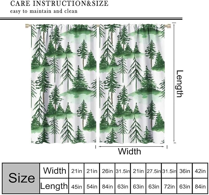 Watercolor Forest Curtains, Green Nature Cartoon Mountains Misty Forest Plants Trees Blackout Window Treatments, Thermally Insulated Drapes for Kids Boys Girls Living Room Bedroom Nursery 63x63in