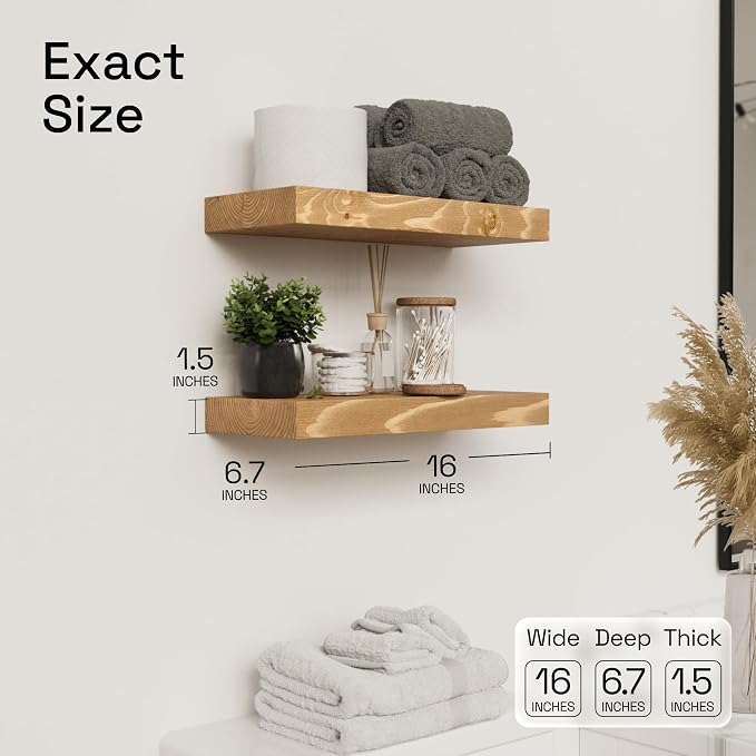 BAOBAB WORKSHOP Natural Wood Floating Shelves for Wall 16 inch - Floating Wall Shelves for Kitchen Bedroom - Wooden Bathroom Shelves - Floating Shelf - Oak Finish, 16W x 6.7D, Set of 2 | Solid Wood, Wall Mount, Kitchen Bedroom, Rustic Farmhouse, Oak Fi...
