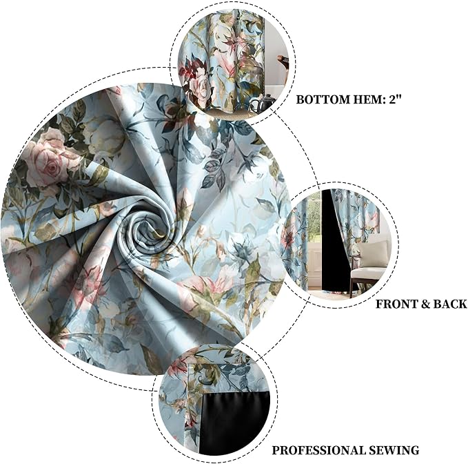 Renaiss Blue Rose Floral Blackout Curtains, Light Blue Watercolor Flowers Blossom Bedroom Window Curtains, Vintage Grommet Window Drapes for Living Room 53W x 96L 2 Panels Set
