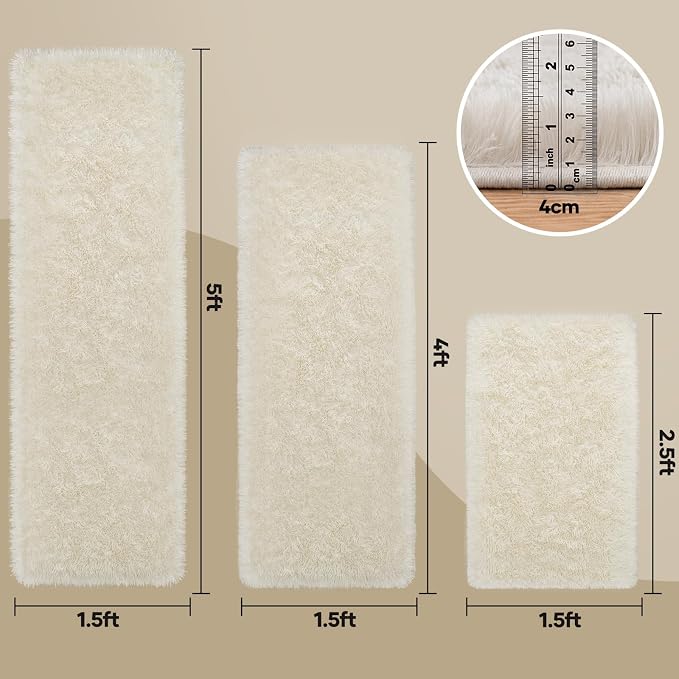 Ophanie Small Rug Washable Non Slip Throw Bedside Area Rugs, Fluffy Soft Mini Bedroom Carpet, 1.5x2.5，1.5x4 and 1.5x5 Rug Set, 3 Piece Ivory with Over 99 pcs Pile fibers