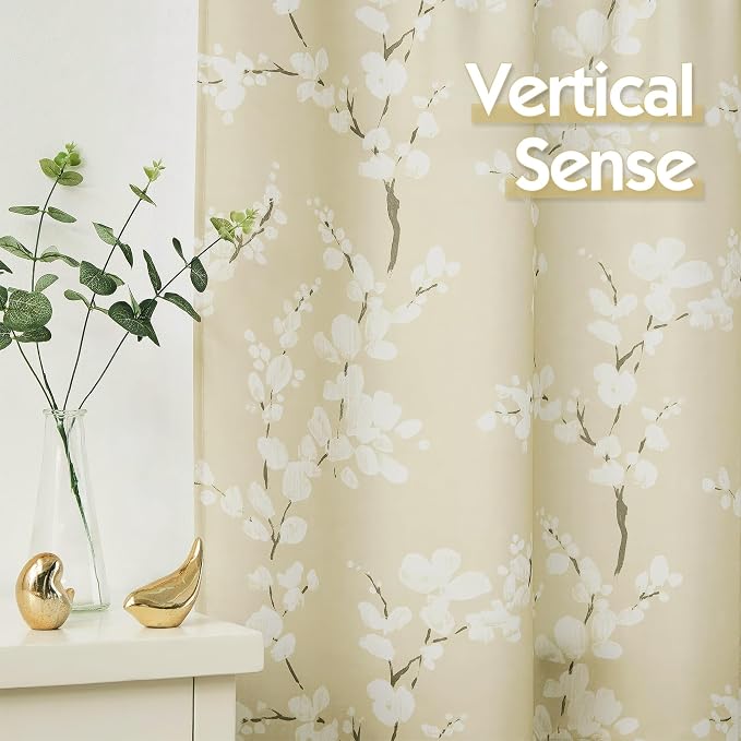 FMFUNCTEX Beige Kitchen Curtains 36 Inch Length White Blossom Floral Print on Canvas Tier Curtains for Small Windows Basement Bathroom Laundry Closet Rustic Curtains Rod Pocket 2 Panels