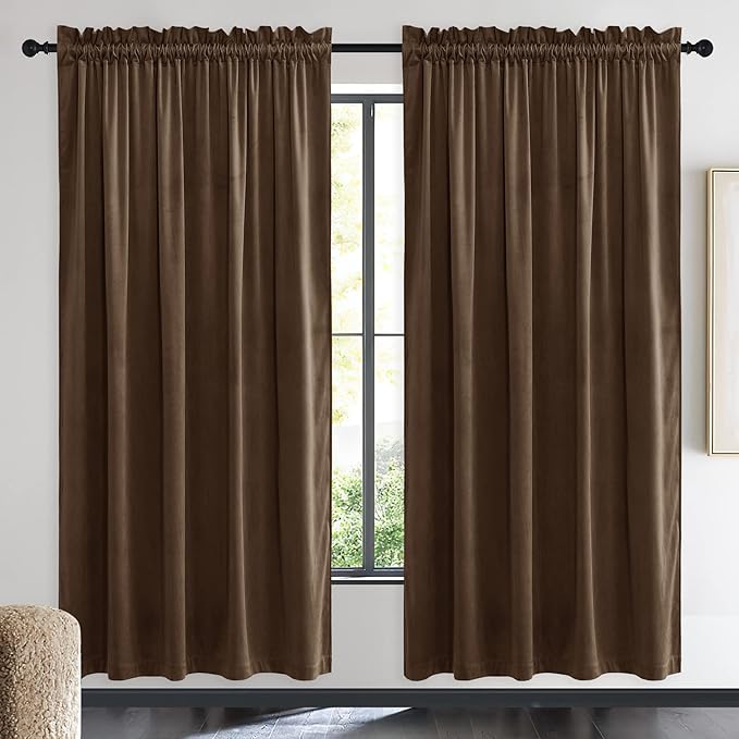 NICETOWN Brown Velvet Room Darkening Curtains, Home Decor Light Blocking Thermal Insulated Drapes for Theater and Movie Room (Set of 2, 72 inches Long)