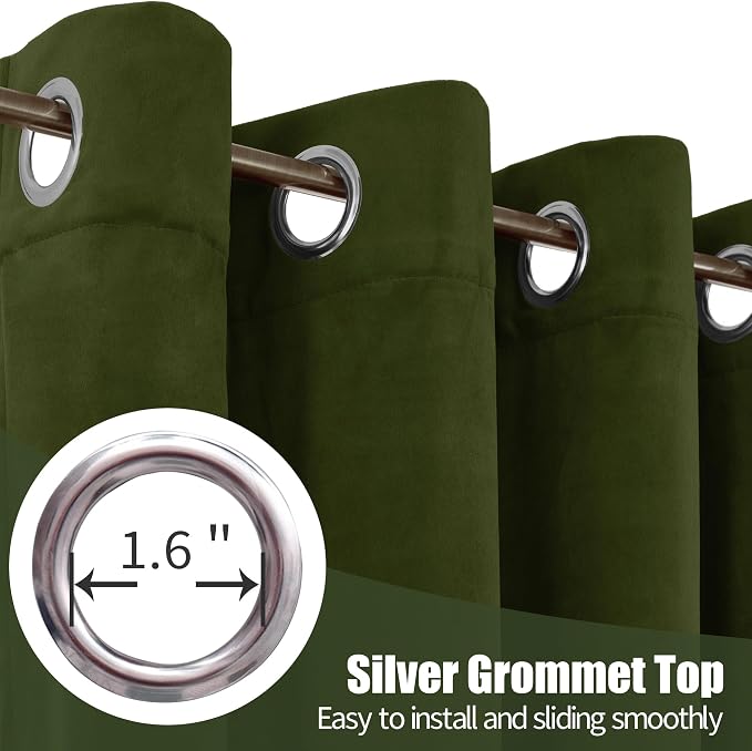 YoungsTex Olive Green Velvet Curtains, Drapes 84 Inches Long 2 Panels Set | Blackout Window Treatmens with Grommet Room Darkening for Bedroom Living Room Privacy, 52 X 84 Inch