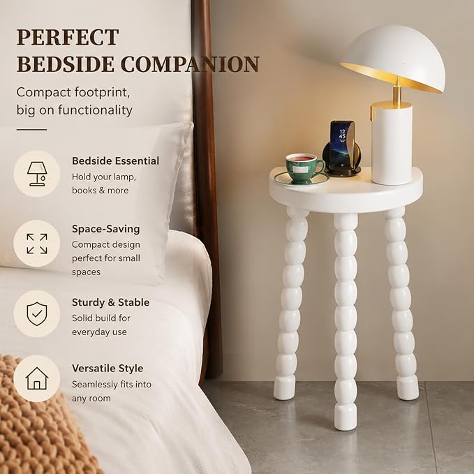 LitaEther Bobbin Side Table, Solid Wood Half Moon End Table, Small Wooden Accent Table with Chunky Turned Legs, Plant Stand for Living Room Bedroom Entryway, Modern Farmhouse Bedside Table, White