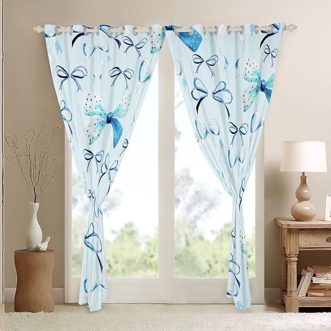 Feelyou Bow Room Darkening Blackout Curtain Boys Girls (2 Panels, 42 x 63 Inch) Cute Bowknot Curtains for Bedroom Living Room Blue Girls Bow Blackout Curtains Kawaii Window Treatments