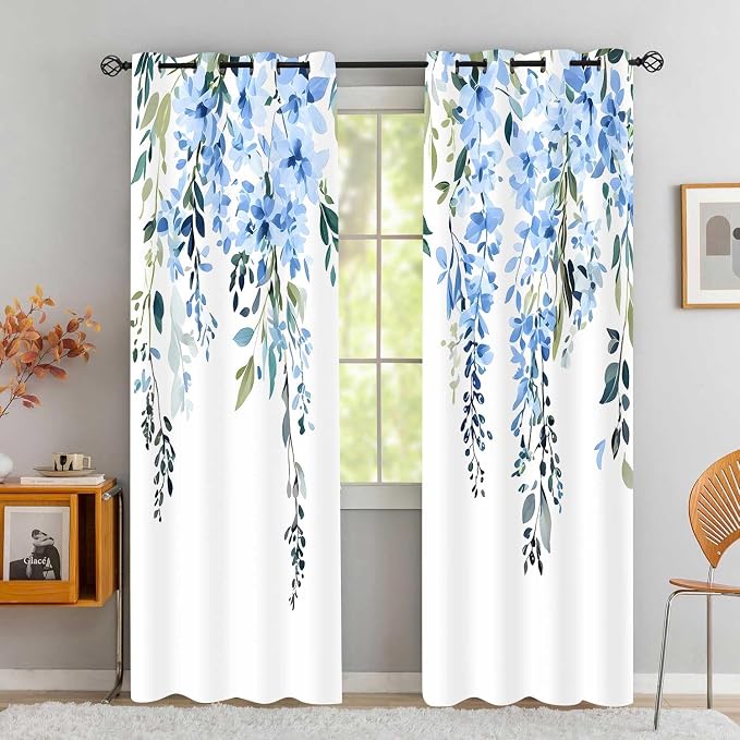 Blue Watercolor Floral Curtains, Botanical Leaves Vine Flowers Curtain, Rustic Farmhouse Flower Leaf Blackout Window Treatment Drapes for Bedroom Living Room 52x72 inch, 2 Panels