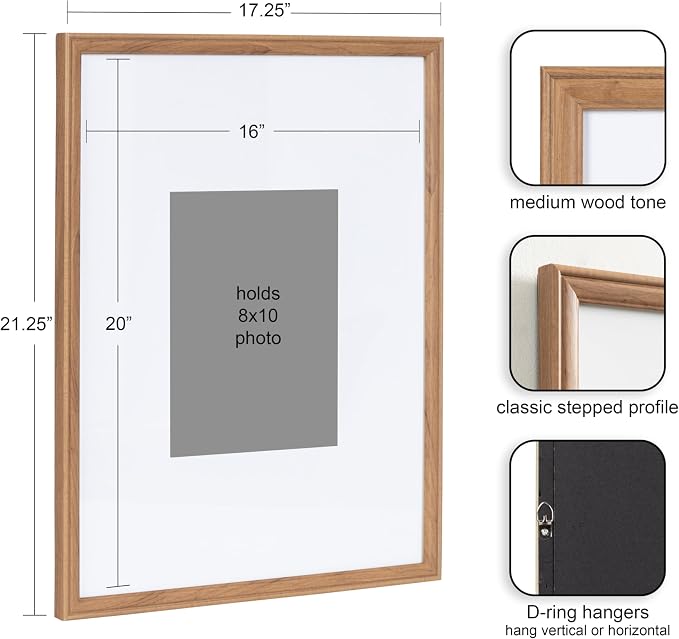 Kate and Laurel Adlynn Rectangle Picture Frame Set of 3; 16 x 20 matted to 8 x 10; Brown; Transitional Three-Piece Frame Set for Gallery Wall Frame Set in Living Room Wall Decor