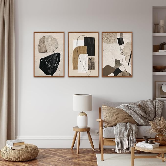 CHDITB Minimalist Geometric Framed Canvas Wall Art Set, Abstract Geometric Texture Wall Decor, Black Beige Wall Painting, Modern Art Prints for Living Room Bedroom Office 16"x24"x3