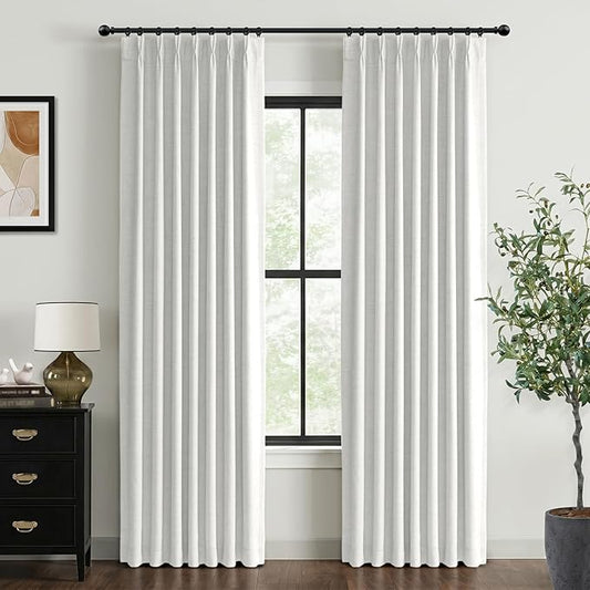 100% Blackout Shield Linen Look Textured Pinch Pleated Curtains Blackout Drapes 102 Inch Long 2 Panels Set, Faux Linen Blackout Curtains for Bedroom & Living Room, 40" W x 102" L, Bright White