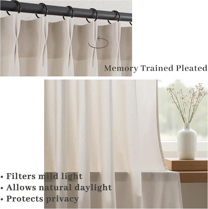 90 Inches Long Pinch Pleated Semi Sheer Curtains,Ivory Beige Linen Blended Light Filtering Window Curtains 90 Length 2 Panels for Living Room Bedroom Pinch Pleat Drapes with Hooks 2 Panels