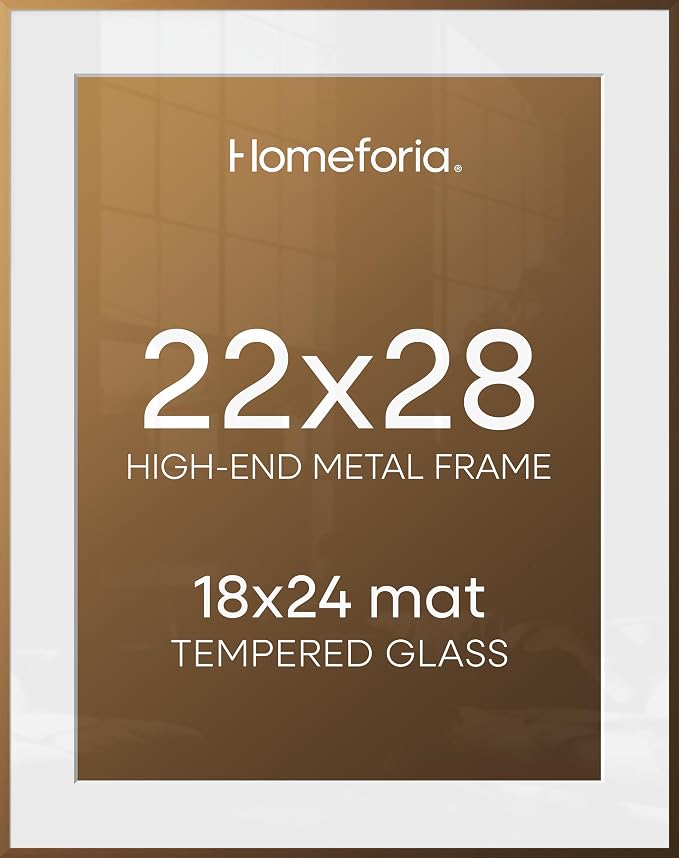 Homeforia 22x28 Picture Frame Bronze, High End Metal 22 x 28 Large Poster Frames with Mat 18 by 24 Photo, 22x28 Brass Frame Matted to 18x24 Print, 28x22 Thin Frames, Tempered Glass, Wall Kit, Set of 3