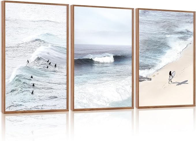CHDITB Surfing Framed Canvas Wall Art, Seaside Ocean Surf Wall Decor, Modern Beach Surfboard Artwork, Summer Tropical Sea Painting for Beachy Bedroom Dining Room Surfer Room Decoration 24"x36"X3
