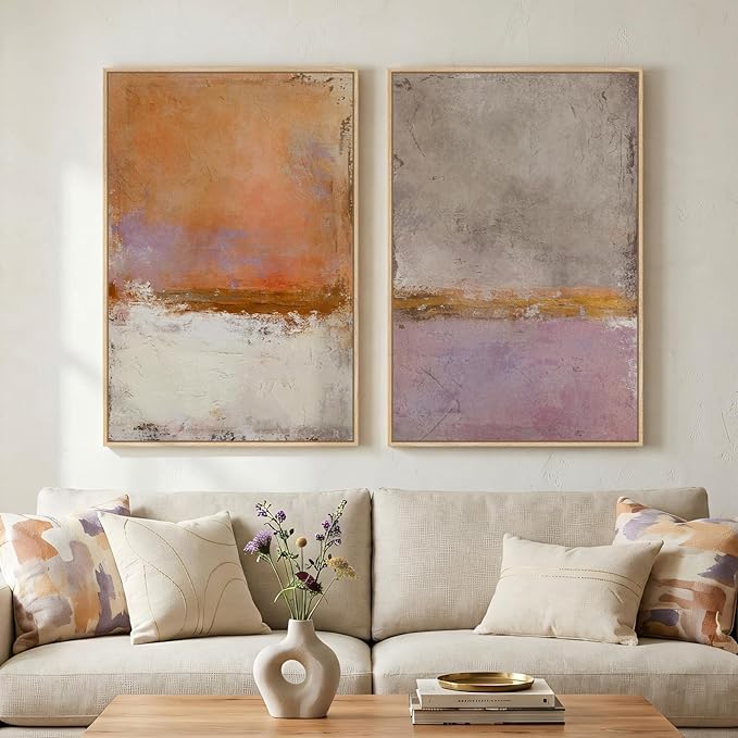 Large Framed Abstract Wall Art for Living Room, Set of 2 Orange Purple Colorful Print Canvas Artwork for Walls, Modern Minimalist Painting Pictures for Bedroom Hallway Office Wall Decor 24x36 Inch
