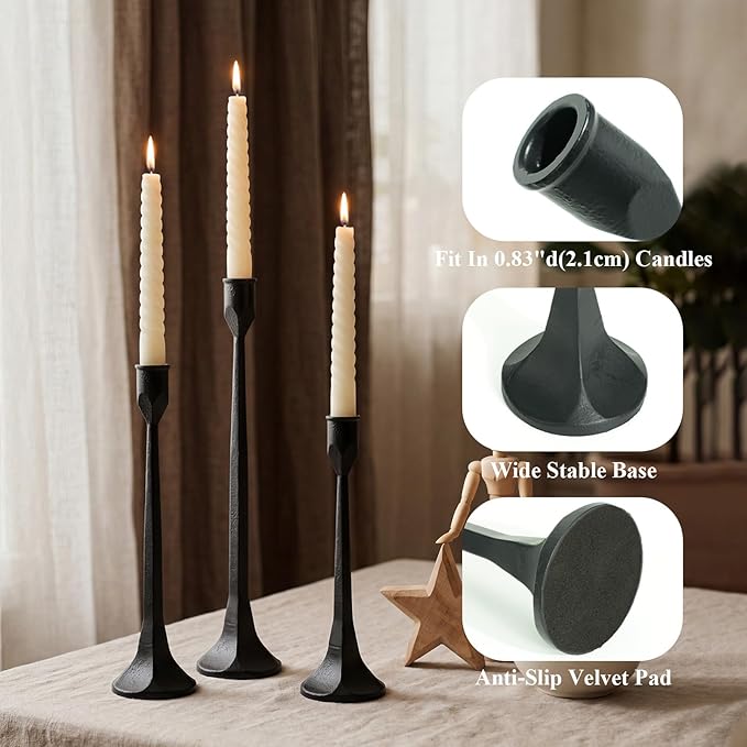 Black Iron Taper Pillar Candle Holders Set of 3, Candlestick Holders Rustic Vintage Decorations, Tall Candle Stand for Home Decor Mantle Dining Coffee Table Outdoor Wedding-11.8"+13.8"+15.4"