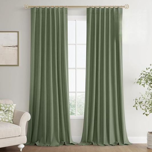 Joywell 100% Blackout Extra Long Linen Curtains 120 Inch for Bedroom Large Window Loden Black Out Curtain Back Tab Thermal Insulated Drapes Floor to Ceiling 2 Panels,52 x 120,Olive Green