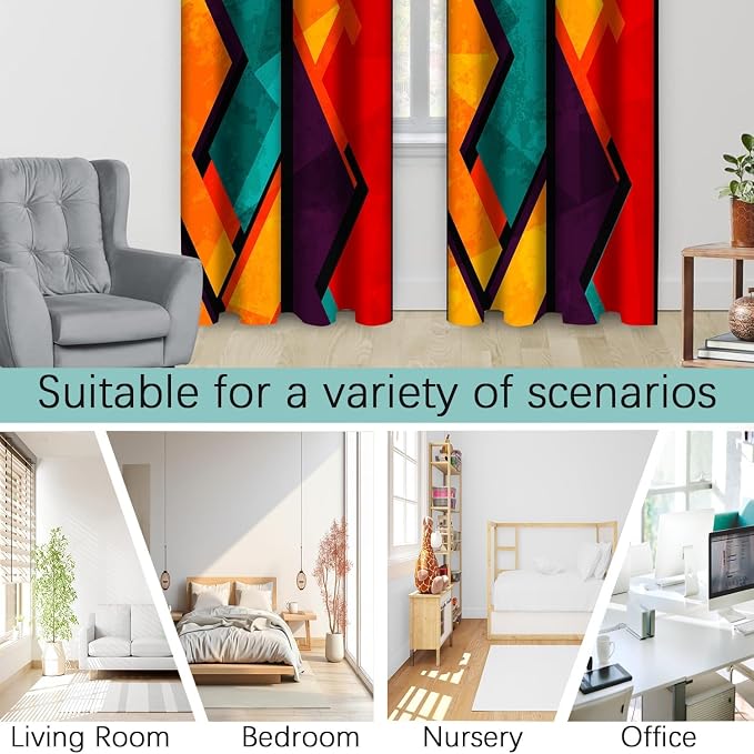 Colorful Abstract Blackout Window Curtains, Geometric Red Orange Cyan Pattern Aesthetic Art Living Room Bedroom Decor Thermal Curtain Darkening Grommet Window Drapes Treatments, 2 Panels 52x63 Inch