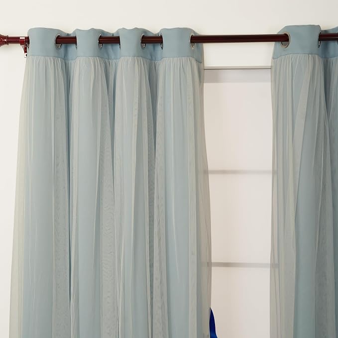 INLINAS 52 x 108 Inch Blackout Curtains with Sheer Overlay - Grommets Thermal and Noise Reduction Panels for Bedroom and Living Room Light Blocking and Energy Saving, Sky Blue, Set of 2