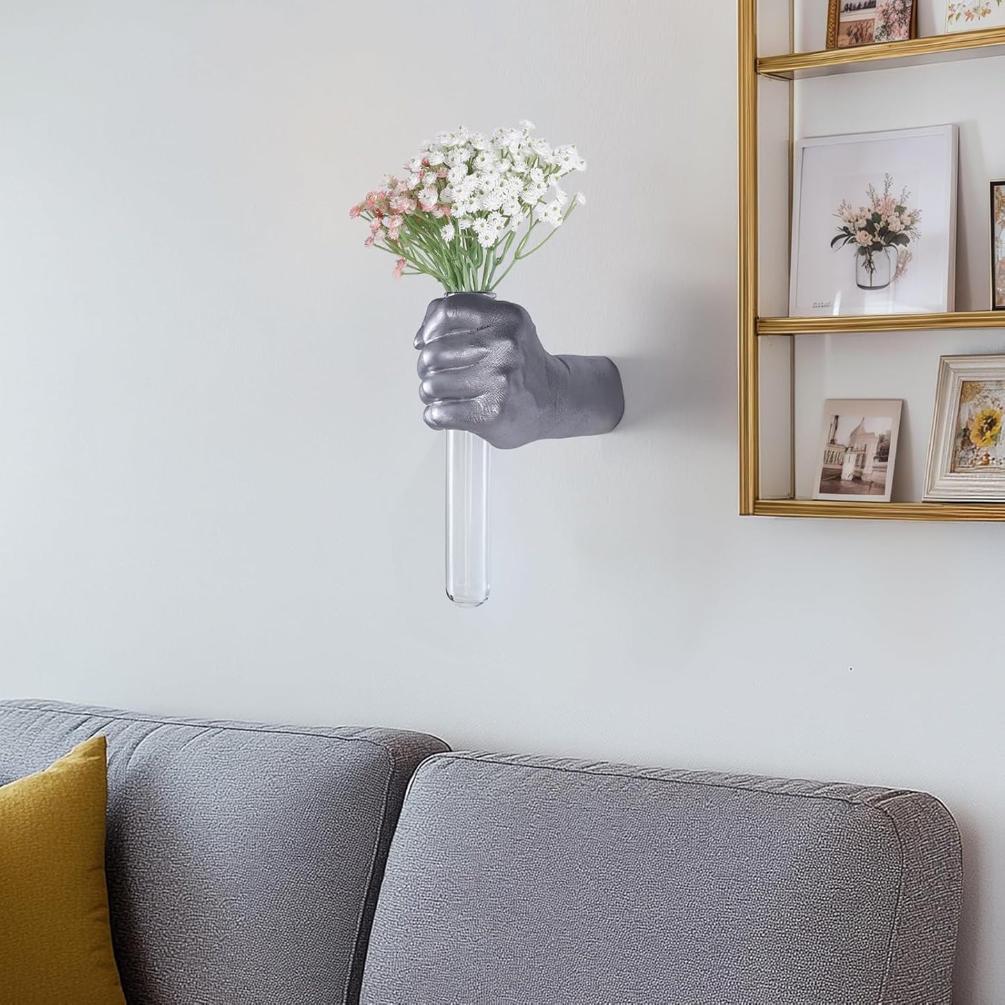 Silvery Wall Sculptures, Hand Vases Home Decor, Wall Mount Art Sculpture, Unique Wall Art Statue, Funky Flower Vase Decorations, Modern Eclectic Hanging Decor,Glass Test Tube Vase (Silvery)