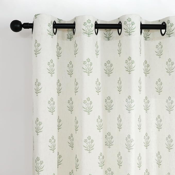 Botanical Curtains Green Leaf Print,Vine Sheer Unique Boho Floral Eclectic Chinoiserie Curtains for Bedroom Living Room 96 Inches Long