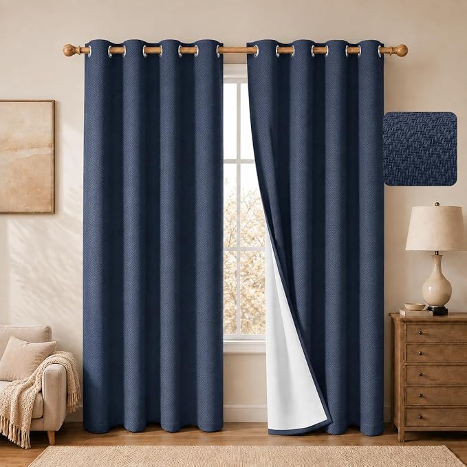 2 Panels 100% Blackout Linen-Textured Curtains, Thick Thermal Insulated Grommet Drapes with Subtle Herringbone Weave, Luxury Decor for Bedroom/Living Room, 54 x 84 Inches, Navy