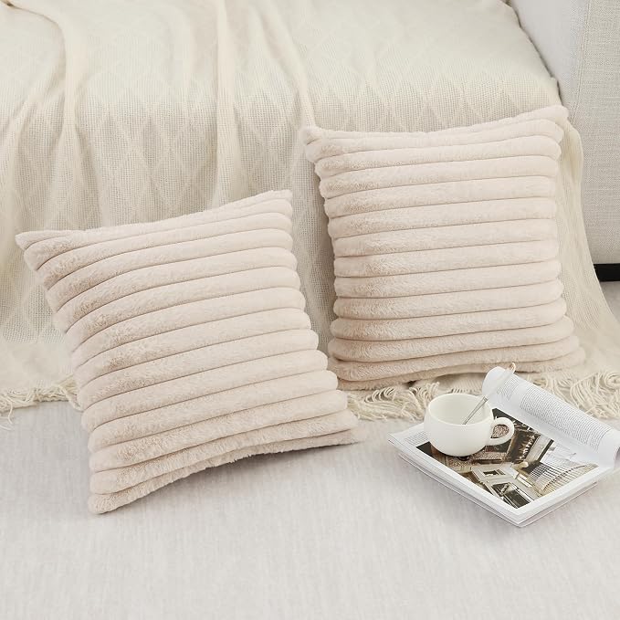 Pallene Faux Fur Plush Throw Pillow Covers 26x26 Set of 2, Luxury Soft Fluffy Striped Decorative Pillow Covers for Sofa, Couch, Living Room, Apricot