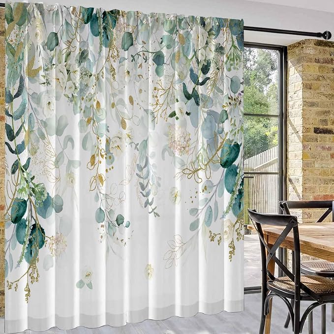 Gold Green Curtains 84 Inches Long Sage Green Leaves Light Filtering Curtain White Floral Drapes for Living Room Farmhouse Leaf Retro Elegant Window Curtains for Bedroom 2 Panels