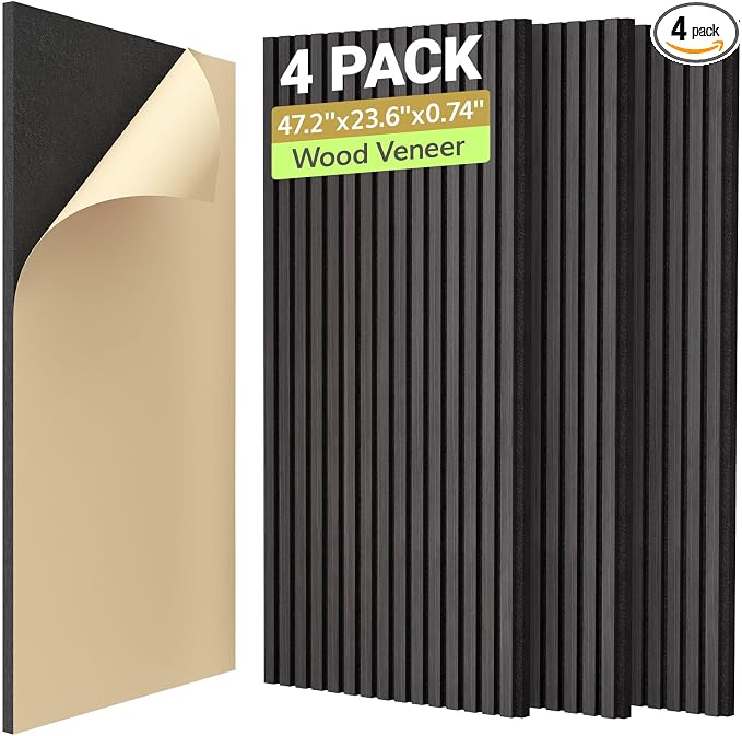 TONOR 4-Pack Acoustic Wood Veneer Wall Panels, 47.2” * 23.6” * 0.74” 3D Self-Adhesive Panel, Dual Layer Soundproof Tiles for Echo Absorption, Decorative Acoustical Barrier, Blackwood Veneer