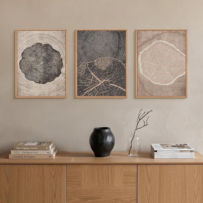 HOURIA Neutral Brown Tree Rings Framed Canvas Wall Art Set,Vintage Abstract Dark Gray Wood Stump Wall Decor,Modern Minimalist Wood Grain Slice Artwork for Living Room,Bedroom,Farmhouse- 12"x16"x3