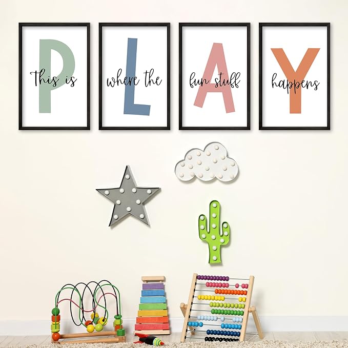 This Is Where Fun Stuff Happens Kids Playroom Wall Decor PLAY Quote Art | Motivational Prints for Nursery, Black Wood Frame, Set of 4, 16x24 Inches , Let's Play Sign for Toddler Boys, Ready to Hang
