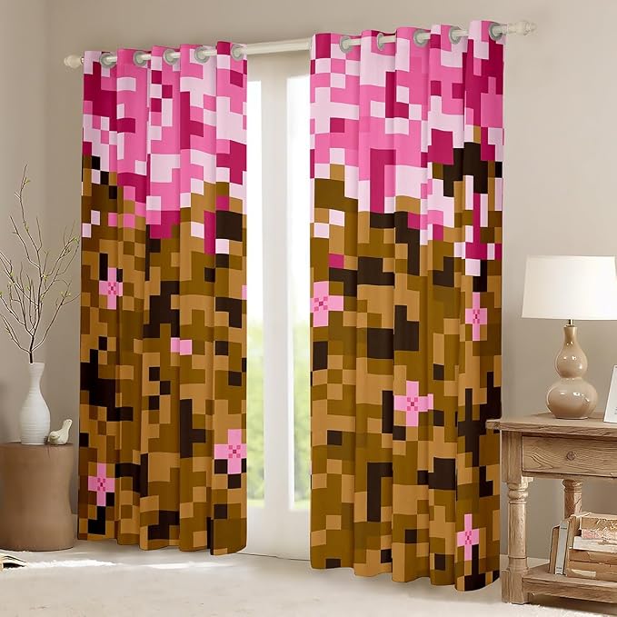 Castle Fairy Miner Theme Games Window Curtain,Pixel Pink Brown Blackout Window Treatment,Teens Woman Men Building Gamers Bedroom Curtains Block Patchwork Living Room Decor Top 2 Panels,52Wx90L