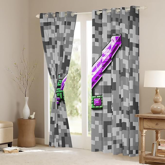Castle Fairy Green Purple Sword Window Curtain,Miner Check Privacy Blackout Curtain for Window Video Games Shade Windows Covering for Bedroom Cool Pixel Drapes 2 Panels,42Wx84L