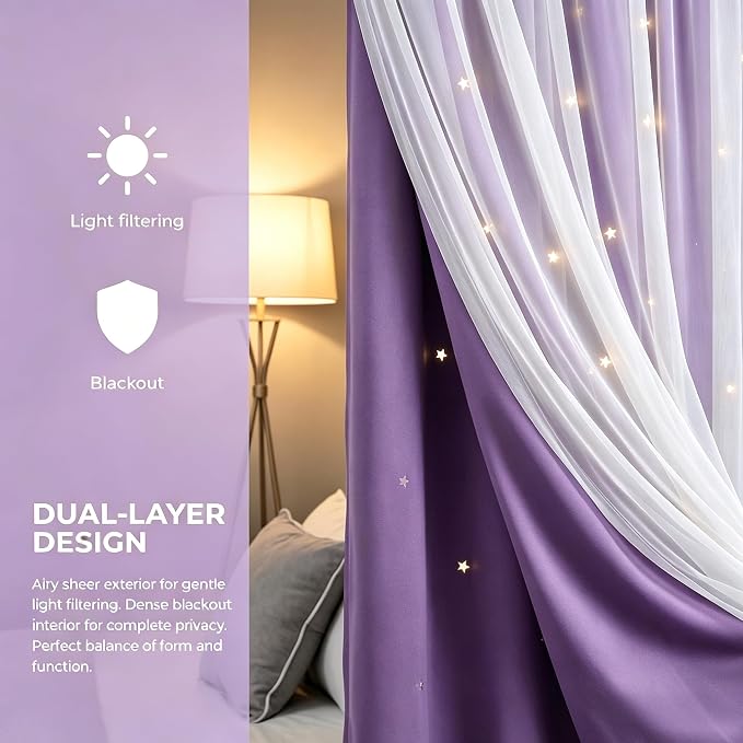 Kids Blackout Curtains for Bedroom/Living Room/Classroom, Sheer Overlay 2 Free Tiebacks, Double Layer Curtains with Star Cutout for Kids Room(Each Piece W 70 x L 63 Inches 2 Pcs Purple)