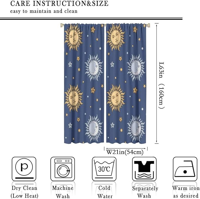Vintage Sun Moon Bohemian Blackout Window Curtains, Retro Boho Style Print Rod Pocket Window Drapes, for Living Room Bedroom 42x63in 2 Panels