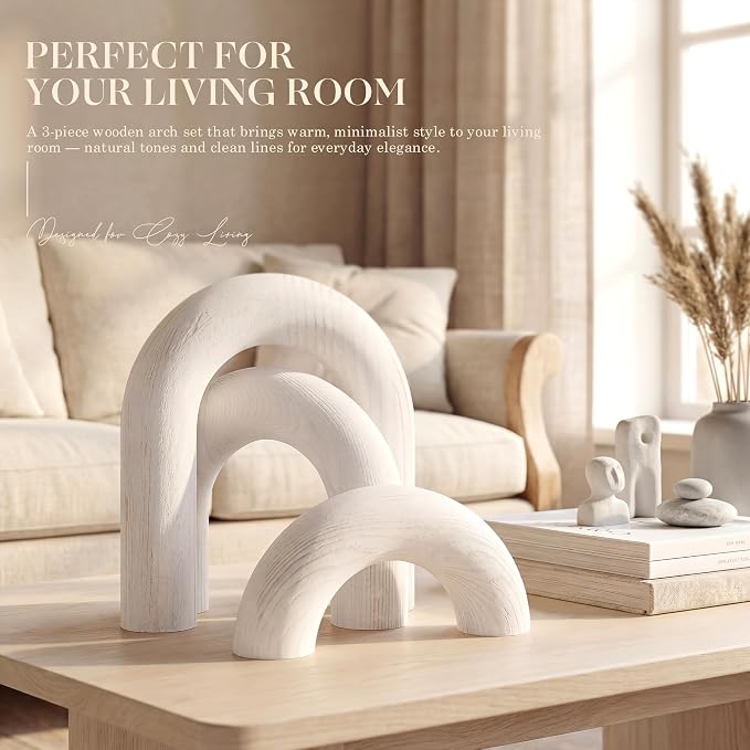 EOSAHR Pine Wood Arch Decor for Shelf Decor - Decorative Objects for Coffee Table Decor, Side & Console - Simple Modern Wood Sculpture, Shelf Decorations for Room Aesthetic (Whitewash)