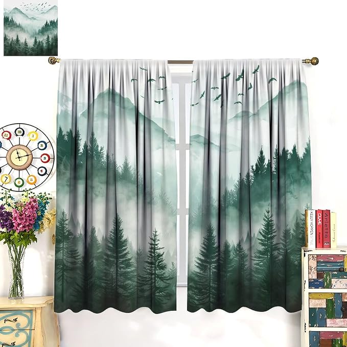 Watercolour Forest Curtains, Green Nature Forest Valley Misty Fresh Flying Birds Landscape Blackout Windows Treatments, Thermal Insulated Drapes for Kids Boys Girls Living Room Bedroom 42x63in