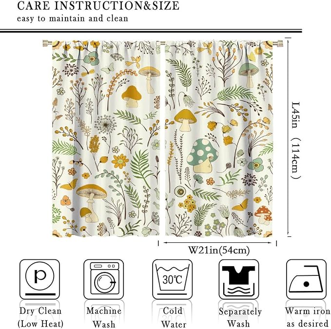 Wild Mushroom Curtains, Vintage Botanical Rustic Retro Wildflower Herbs Plants Green Mushroom Blackout Window Treatments for Living Room Kitchen Bedroom 42x45 Inch