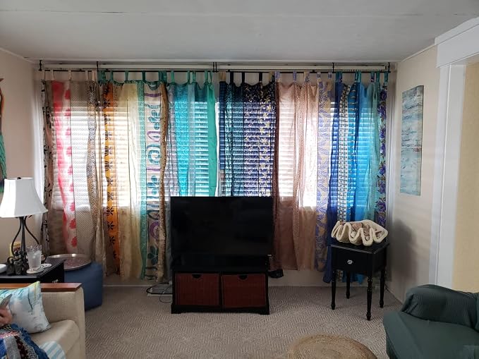 Rajbhoomi Sari Colorful Curtains Light-Filtering – Boho Curtains, Bed Canopy Panel, Tapestry or Window Treatment Blue Color (84 X 43 Inches)