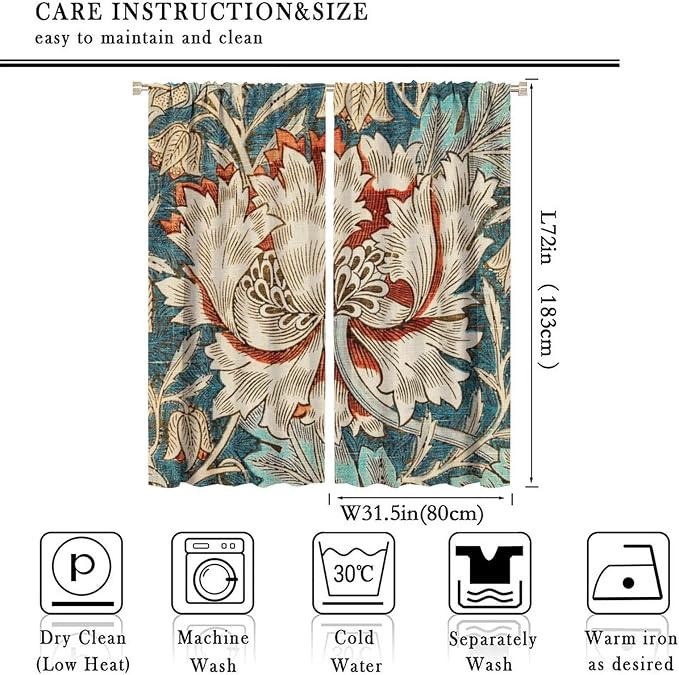 William Morris Plant Floral Blackout Window Curtains, Bohemian Vintage Rustic Flowers William Morris Art Style Window Drapes, for Bedroom Living Room 31.5(W)*72(L) 2 Panels