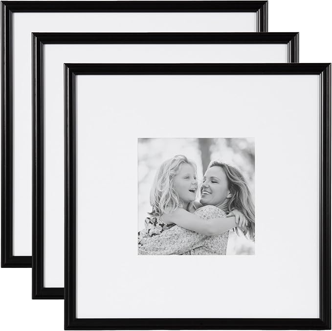 Kate and Laurel Adlynn Square Picture Frame Set of 3; 16 x 16 matted to 8 x 8; Black; Modern Three-Piece Frame Set for Gallery Wall Frame Set in Living Room Wall Decor