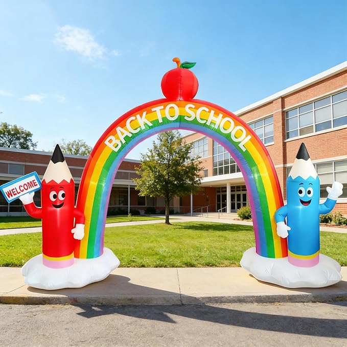 DomKom 12FT Long Back to School Inflatable Arch Featuring Open Book, Colorful Pencils Apple Decor, Ideal for 2026 First Day of School Kindergarten Graduation, Blow-up Crayon Archway for Yard Decor