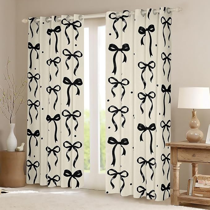 Feelyou Girls Bow Blackout Curtains Black Bowknot Darkening Drapes for Bedroom Living Room Coquette Aesthetic Thermal Insulated Shades Kawaii Princess Style Window Treatments, 2 Panels 38 x 45 Inch