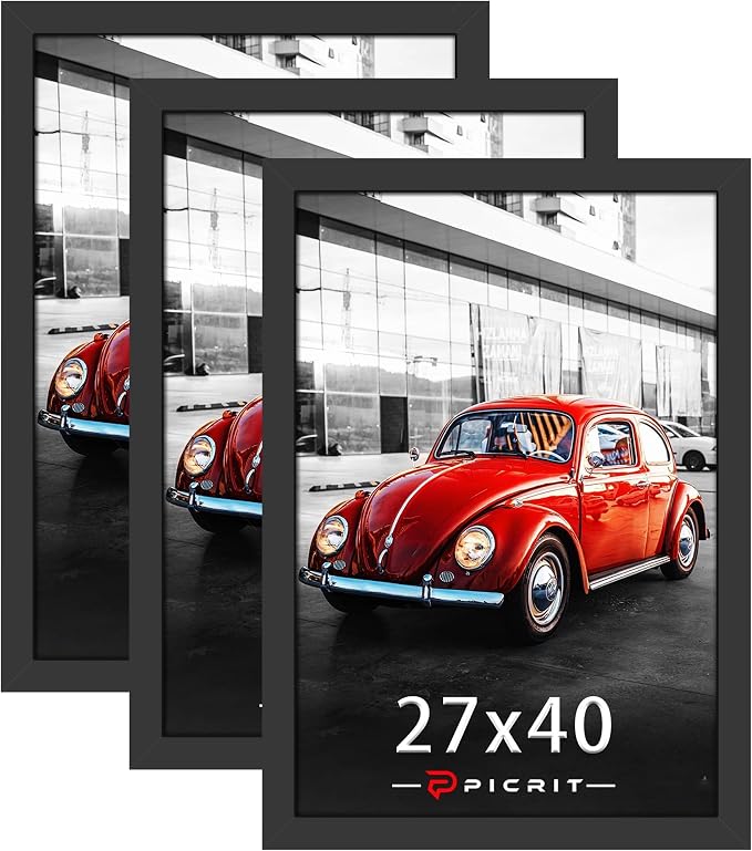 Picrit 27x40 inch Poster Frame 3 Pack, Black Poster Frame, Display Poster 24 x 36 with Mat or 27 x 40without Mat for Horizontal or Vertical Wall Mounting